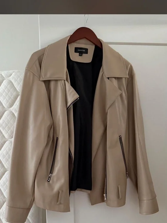 Beige Faux Leather Moto Jacket - Women's Coat - Picture 3 of 4